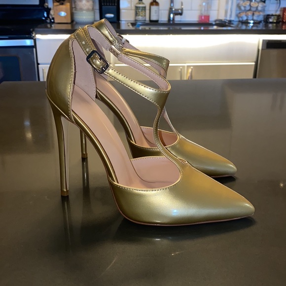 NWT SAMMITOP Women's Pointed Toe High Heel T-Strap Pumps in Gold - Picture 7 of 12